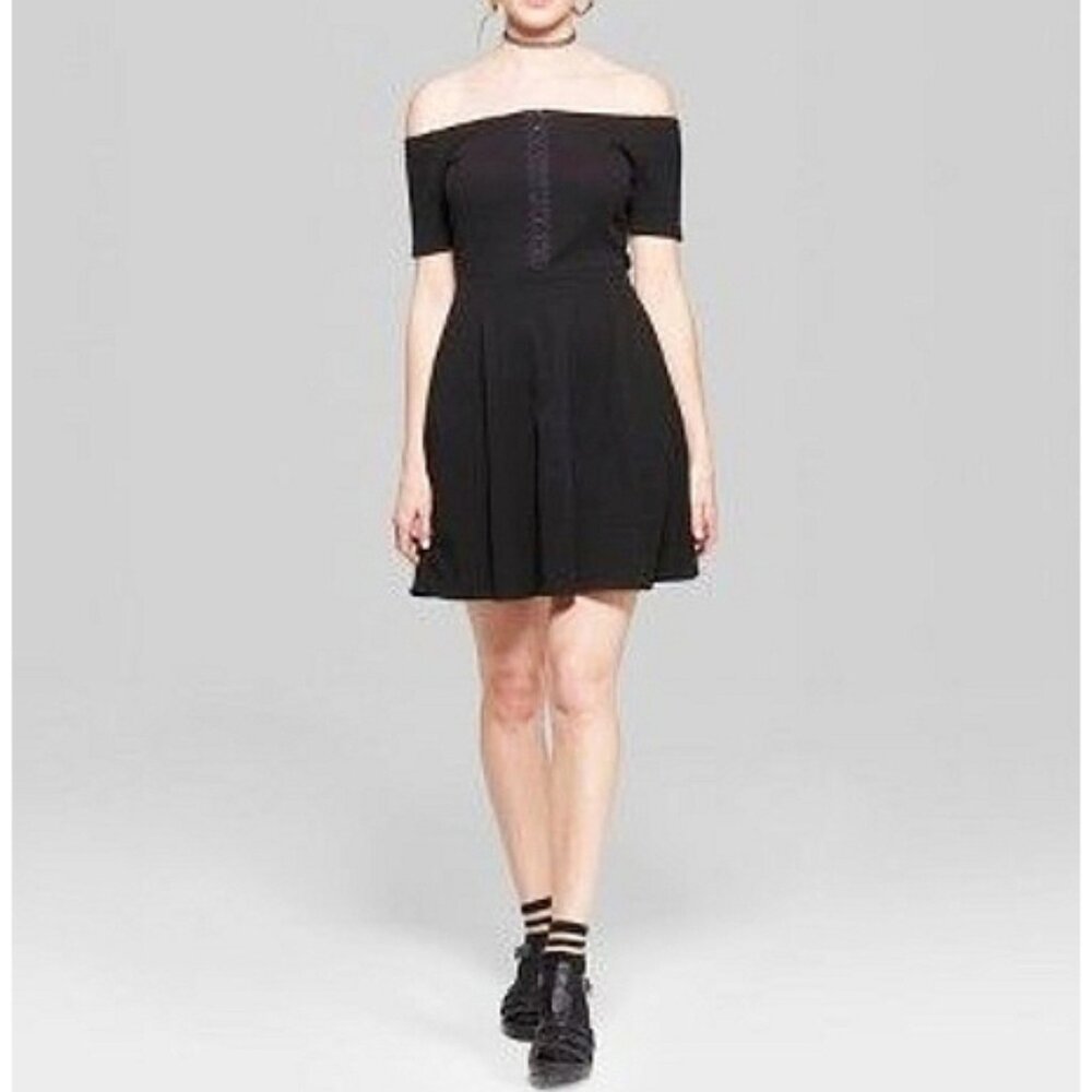Off-The-Shoulder Hook-And-Eye Corset Fit-And-Flare Ribbed Skater A-Line Dress XS